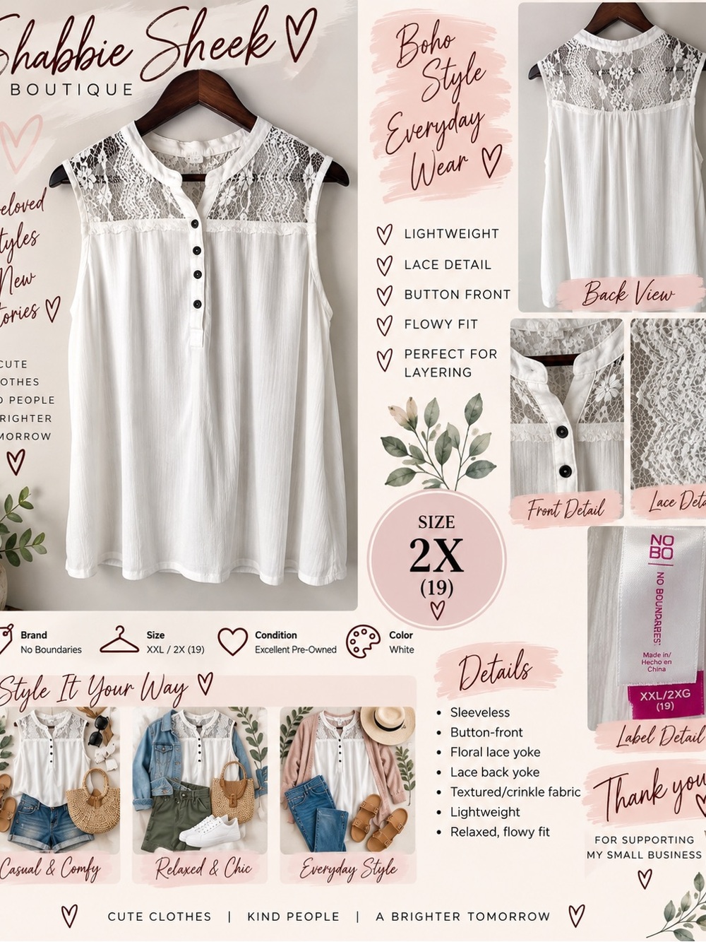 No Boundaries Women’s 2X White Lace Yoke Button Front Boho Peasant Blouse